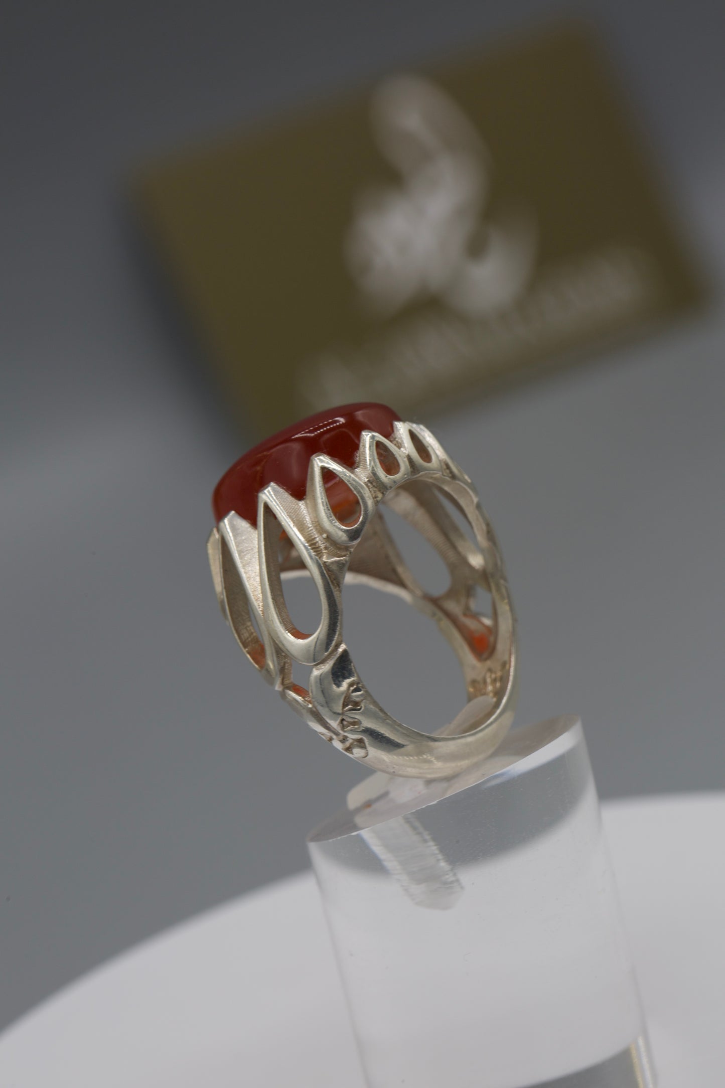 Red Aqeeq tear shape silver base ring