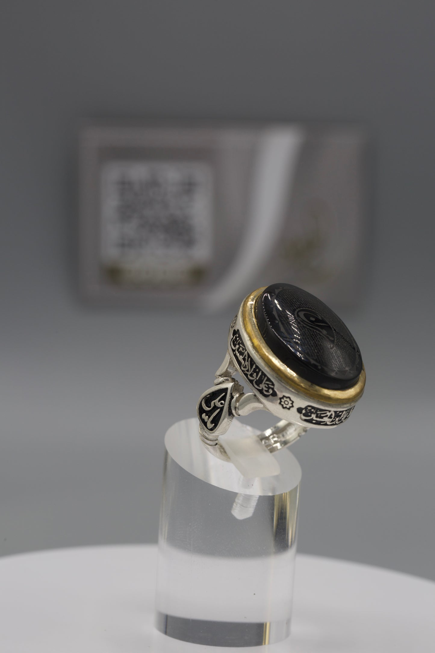 Men’s silver engraved black Aqeeq