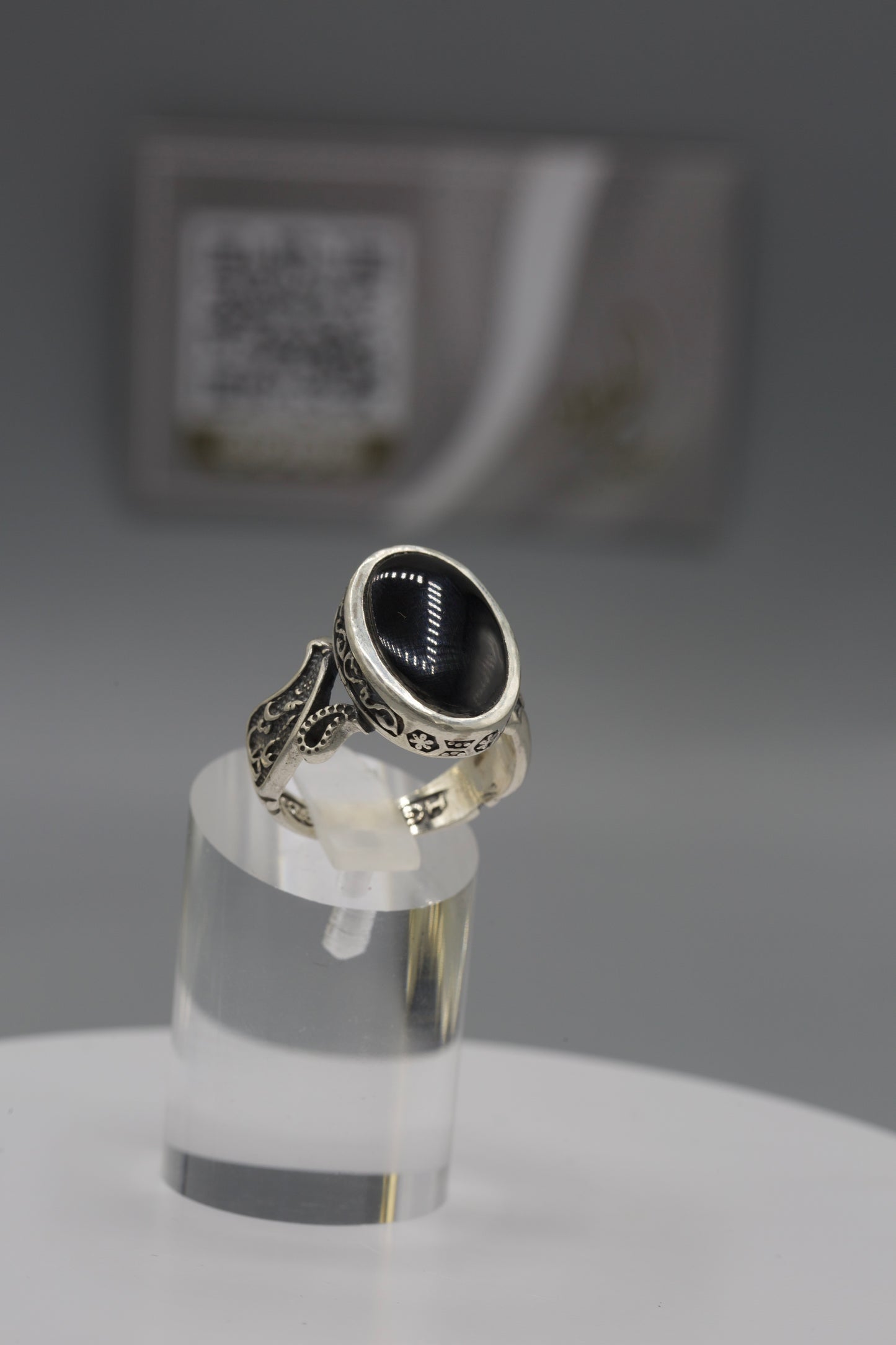 Black Aqeeq Silver Engraved Men’s Ring