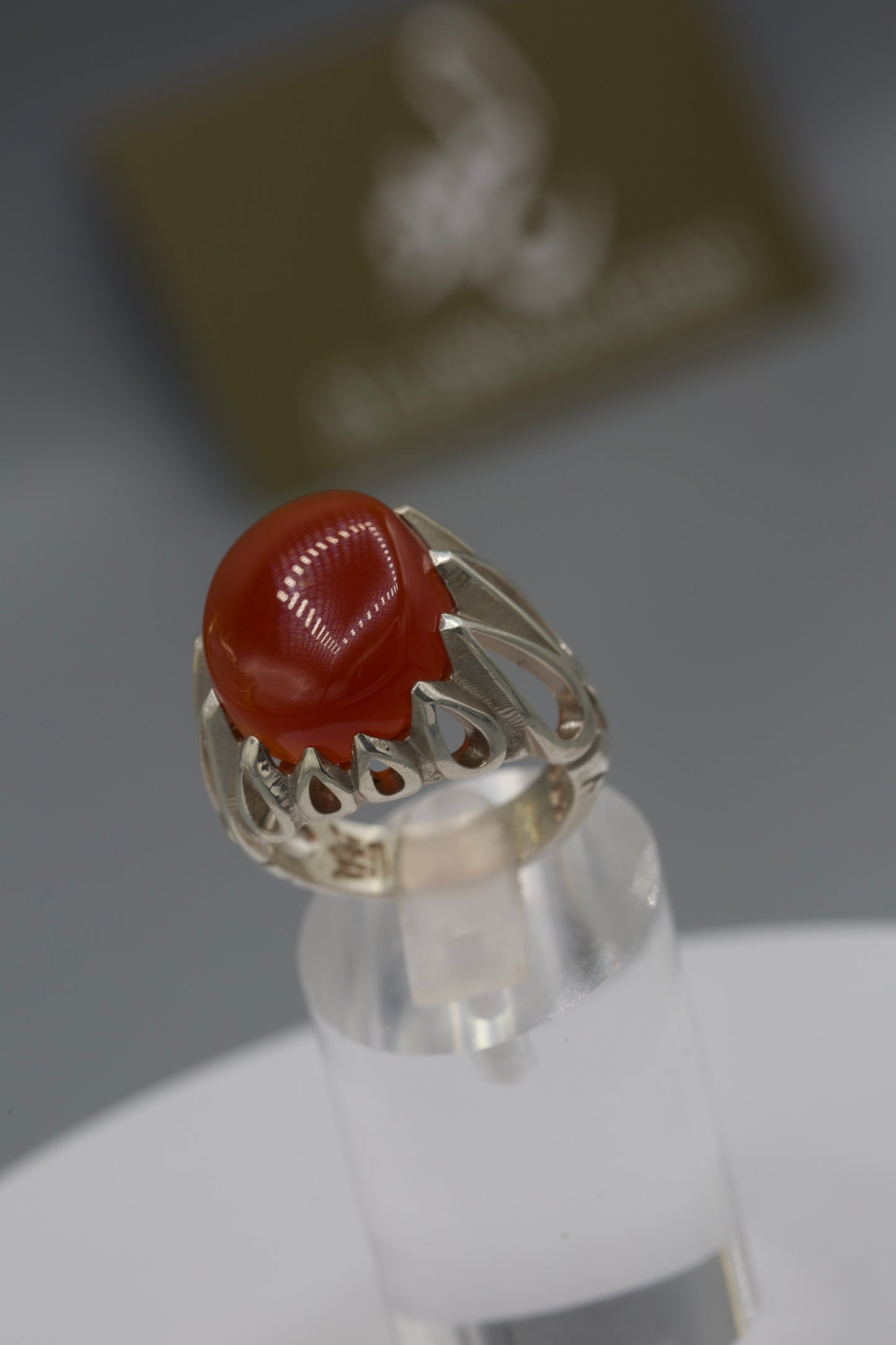 Red Aqeeq tear shape silver base ring