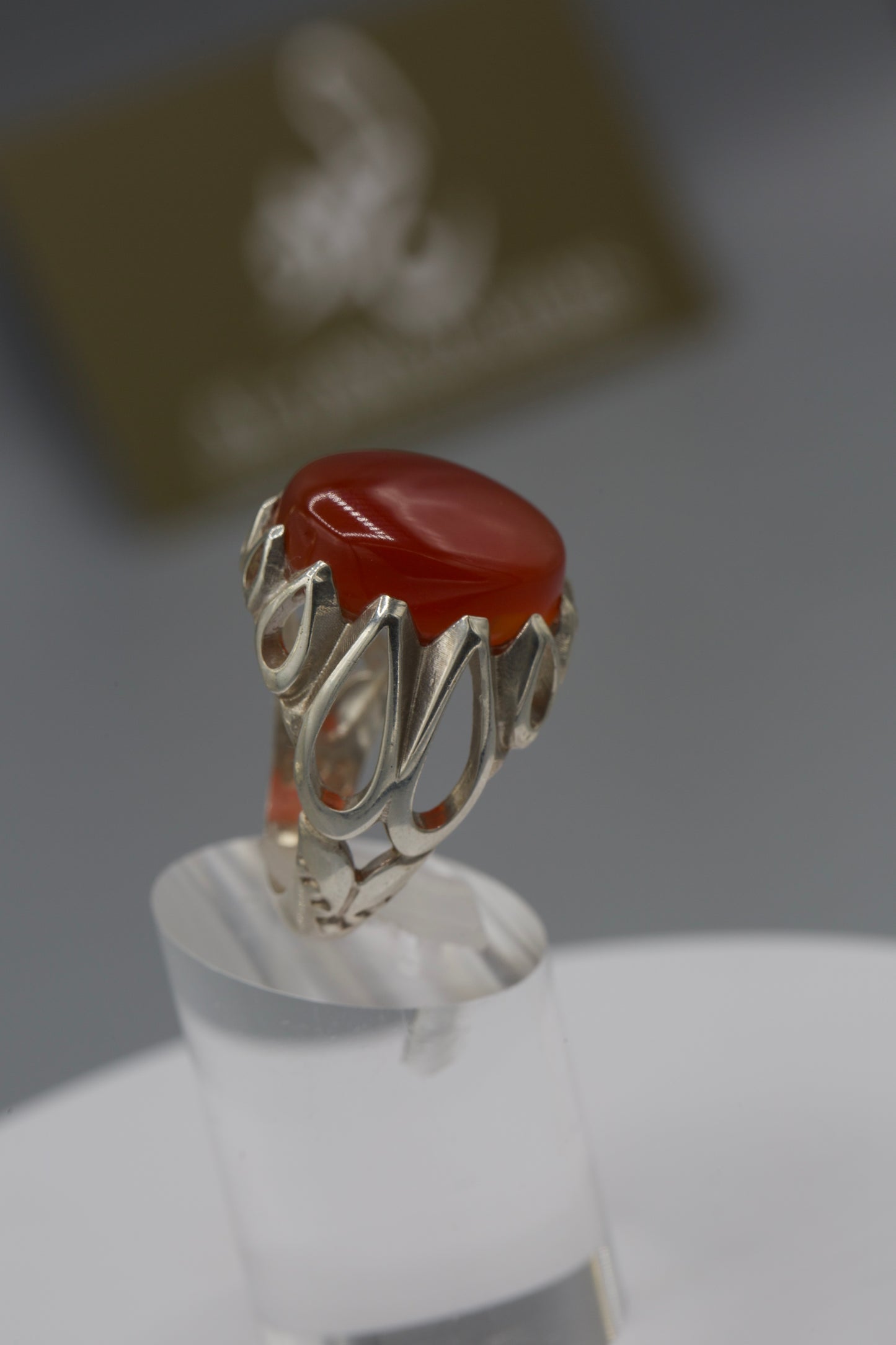 Red Aqeeq tear shape silver base ring