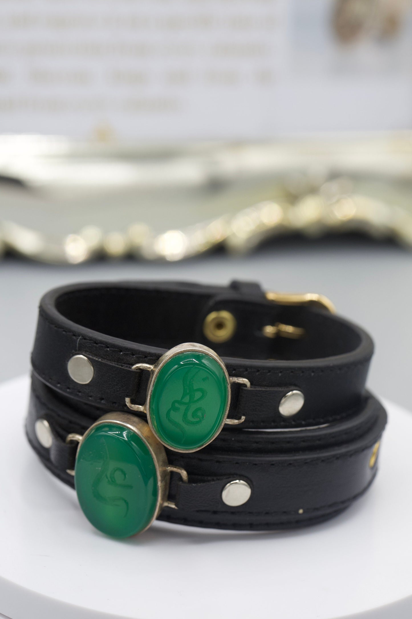 Matching Couples Green Agate (Aqeeq) Leather Wristbands